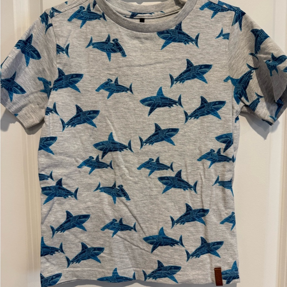 Deux par deux Kids Shark Print T-Shirt - Blue and Gray